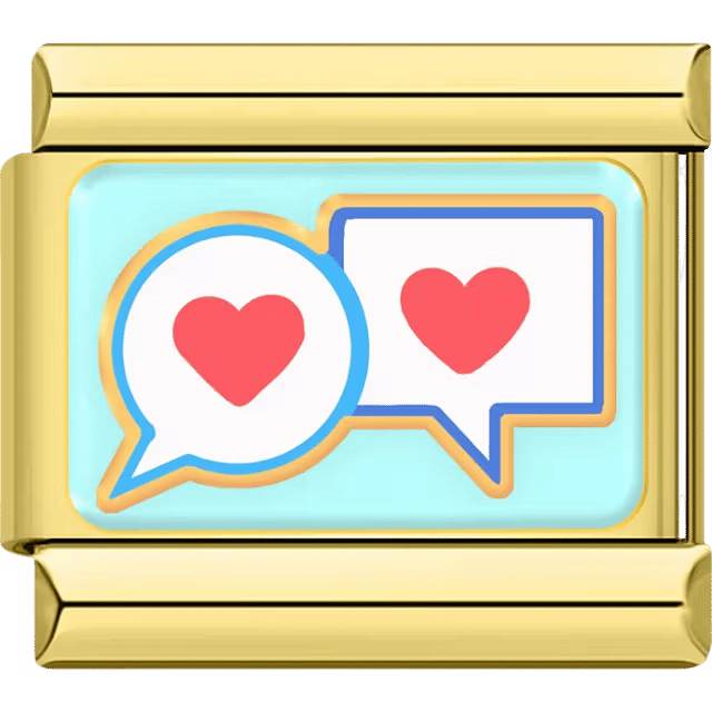 Gold Italian charm featuring two speech bubbles with red hearts, one round and one square, on a blue background.